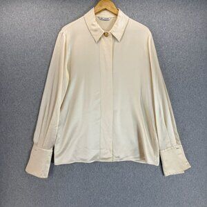 St.‎ John Ivory Silk Button-Up Blouse Size 14 Long Sleeves Gold Buttons FLAWED